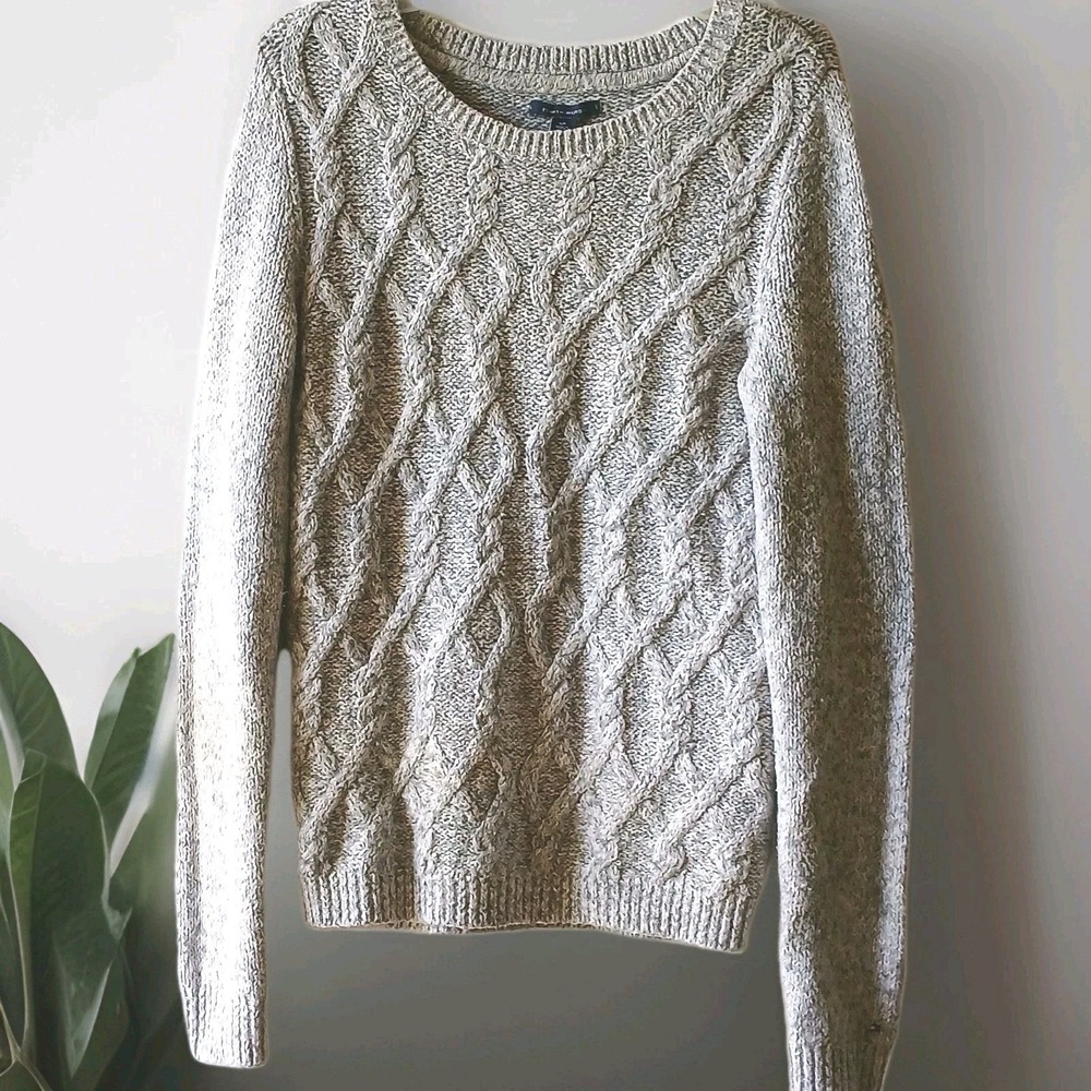 Tommy Hilfiger Women Small Gray Cable Knit Pullover Sweater Cabincore Minimalist